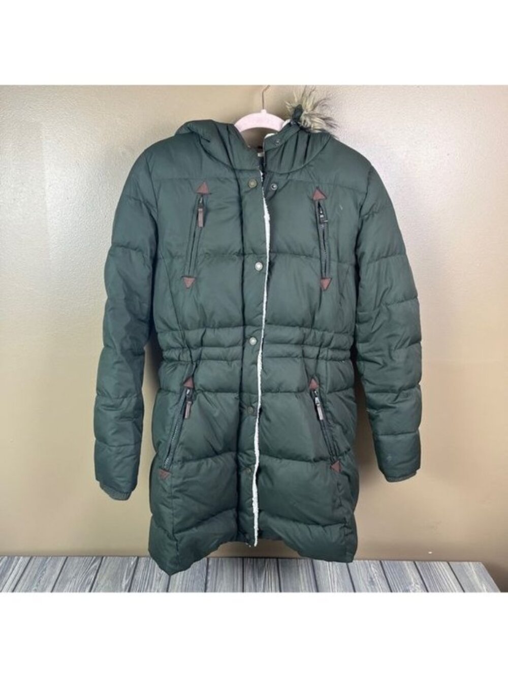 Lauren Ralph Lauren Longline Down Coat Women's Small Green Faux Fur Hood